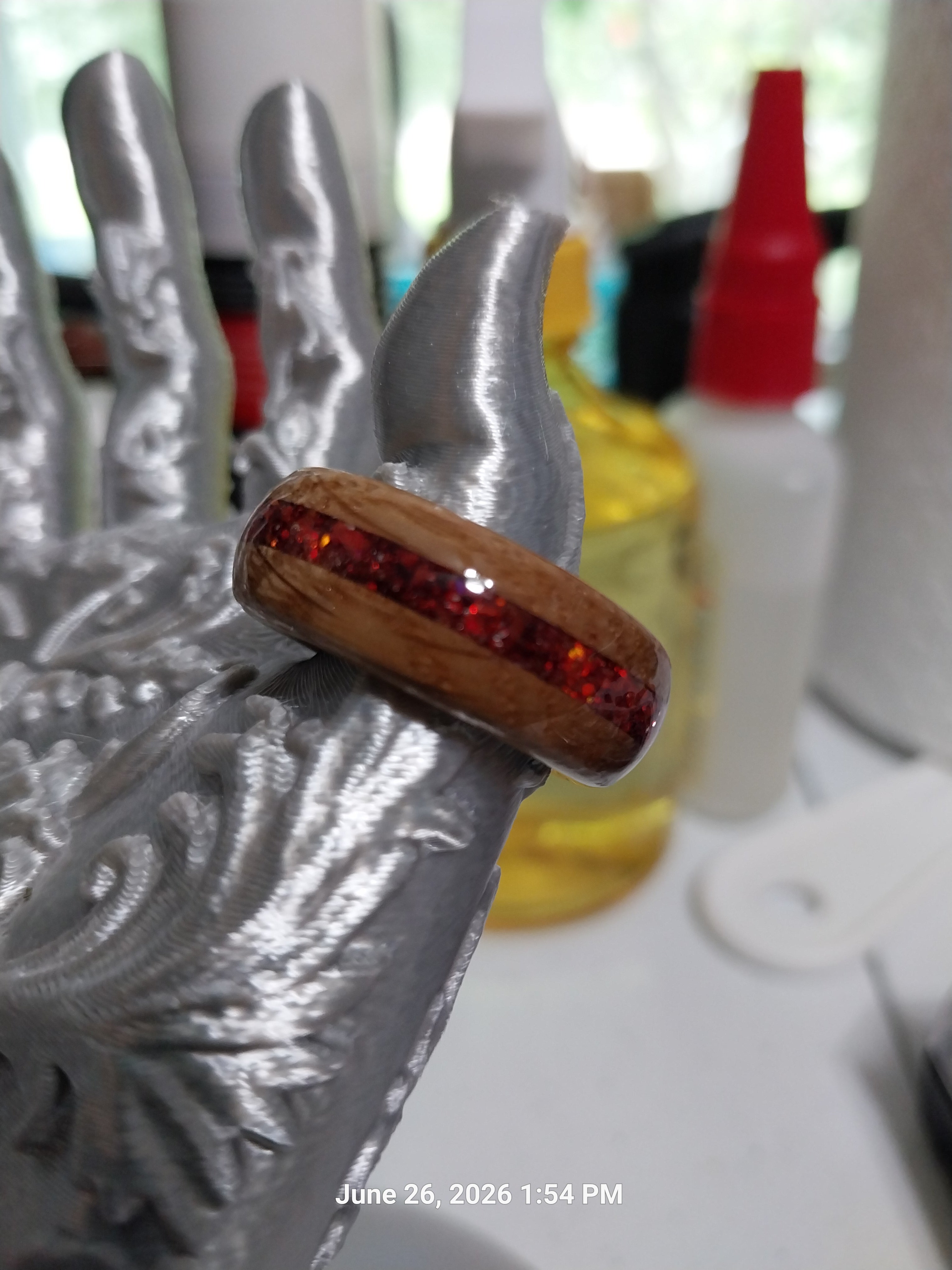 Wooden Ring Made From Whisky Barrel Wood With Red Inlay. Size 9