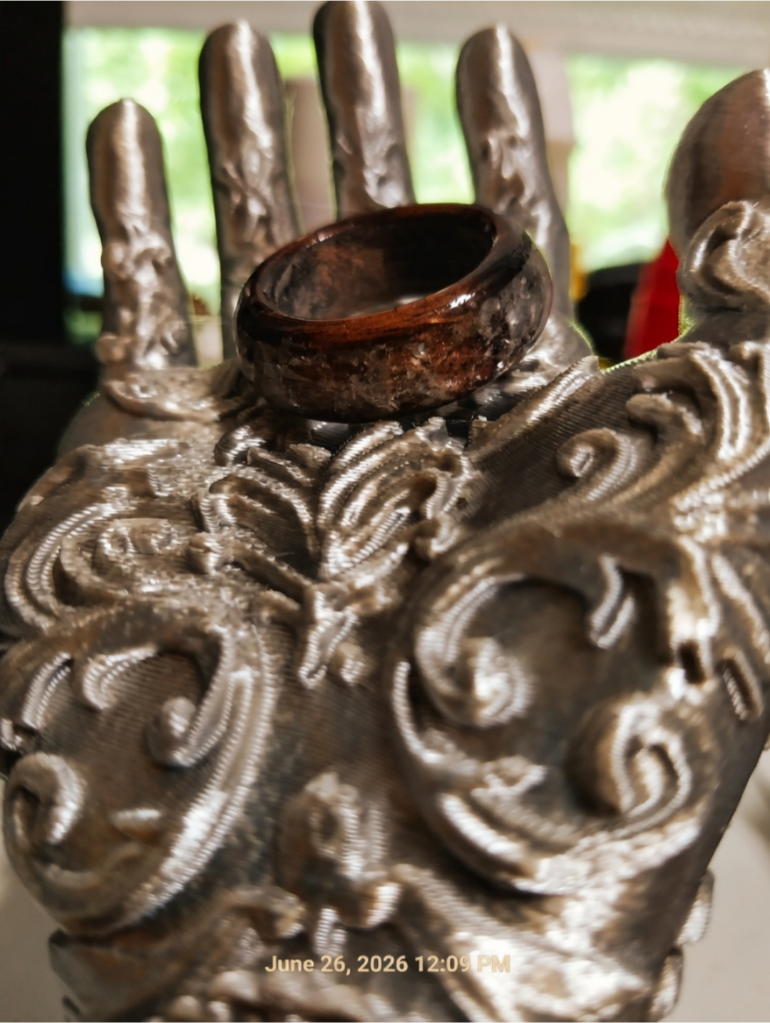 Wooden Ring Made From Whisky Barrel Wood With White/Clear Stone Inlay. Size 10.5