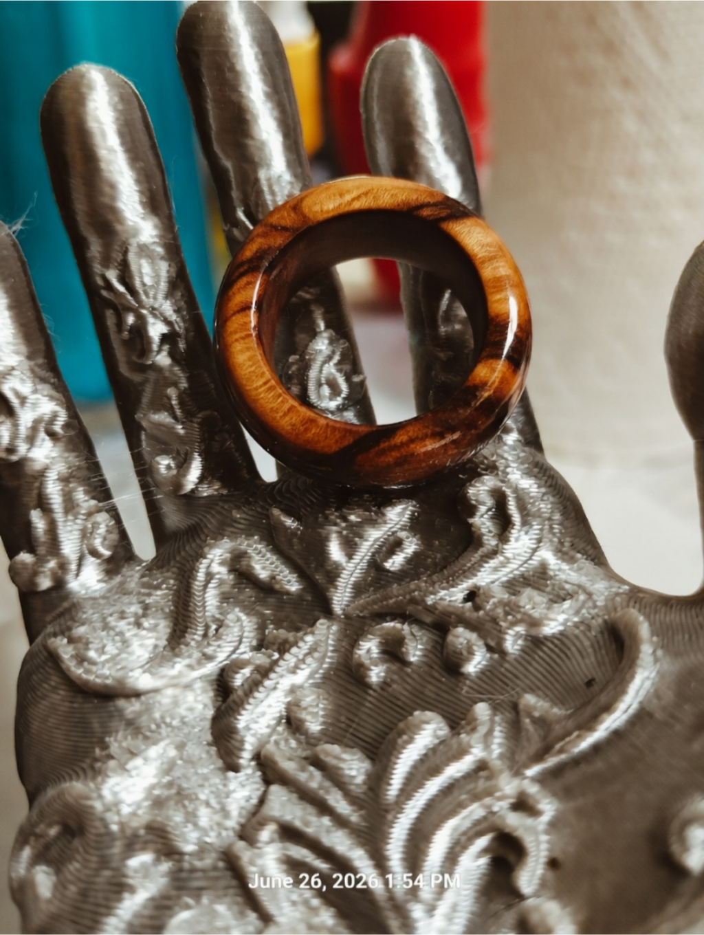 Wooden Ring Made From Whisky Barrel Wood With Red Inlay. Size 9