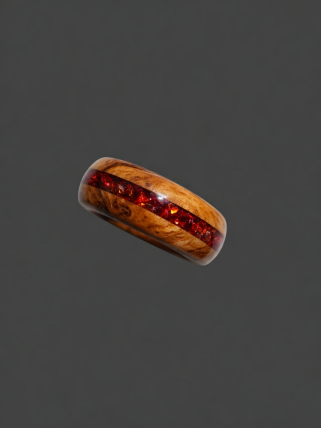 Wooden Ring Made From Whisky Barrel Wood With Red Inlay. Size 9