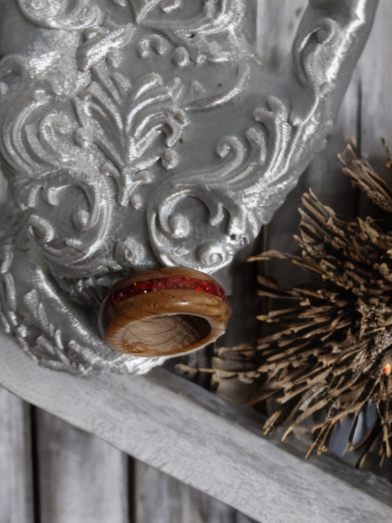 Wooden Ring Made From Whisky Barrel Wood With Red Inlay. Size 9