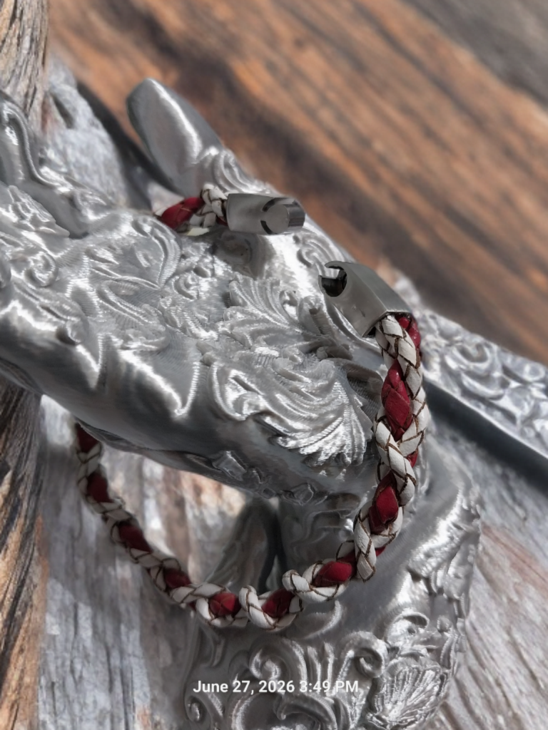 Braided Leather Bolo Cord Bracelet — Red & White (Unisex)